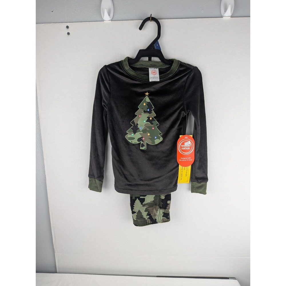 Wonder Nation Kids Boys Christmas Pajamas Camo Tree‎ Velour Sleep Set Size 6